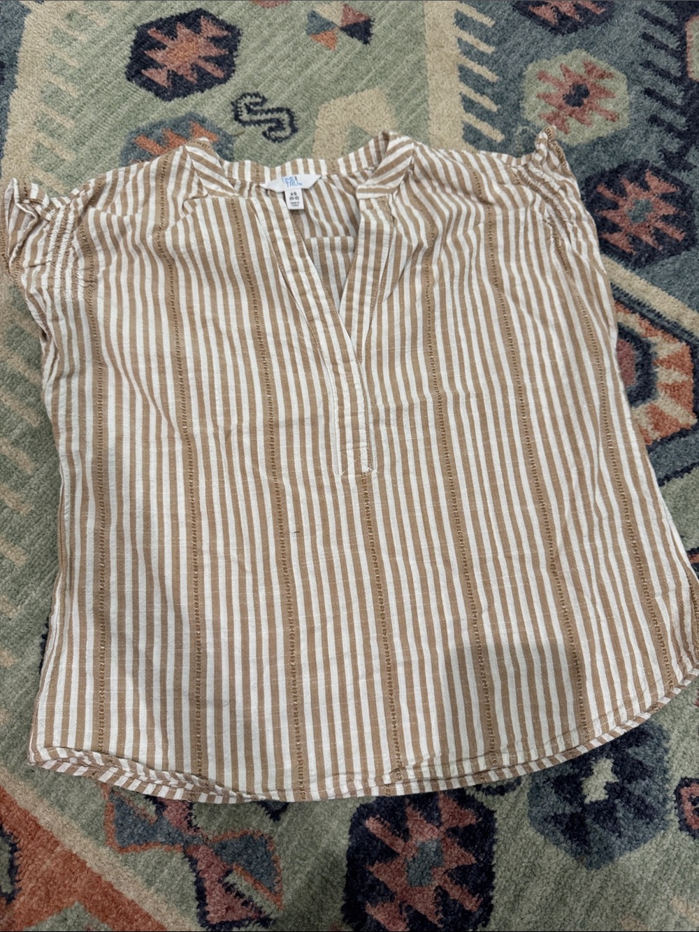 Time and Tru Tan & White Striped Short Sleeve Blouse
